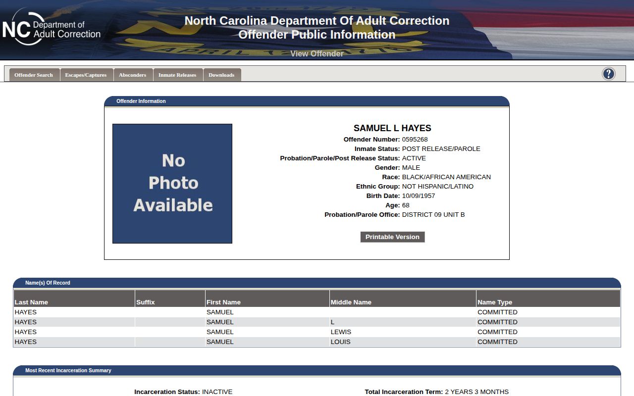 NCDAC Warren County released offender record fields